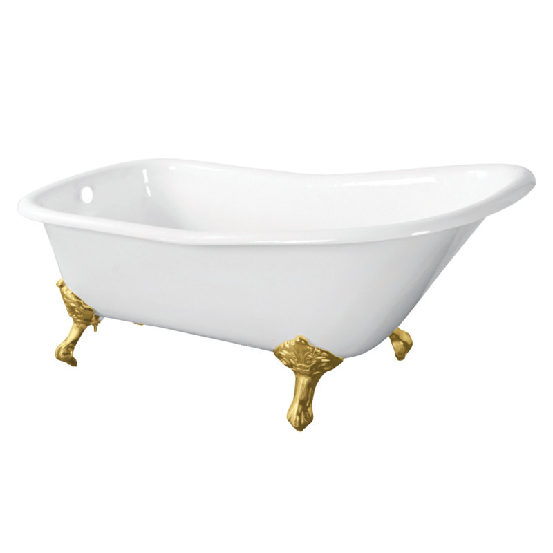 Kingston Brass Aqua Eden 67-Inch Cast Iron D-Shaped Single Slipper Clawfoot Tub (No Faucet Drillings), White/Brushed Brass