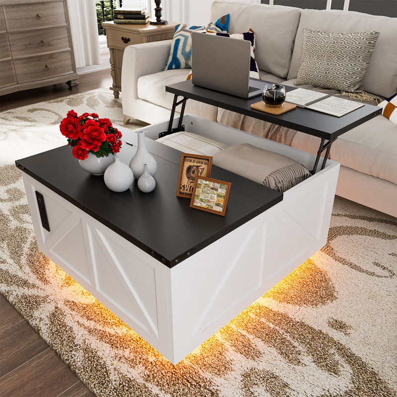 Wrought Studio™ 36 Lift Top Coffee Table With Storage, Square Coffee Table For Living Room With Led Light & Power Outlets, Farmhouse Coffee Table With Large Hidden Storage Compartment