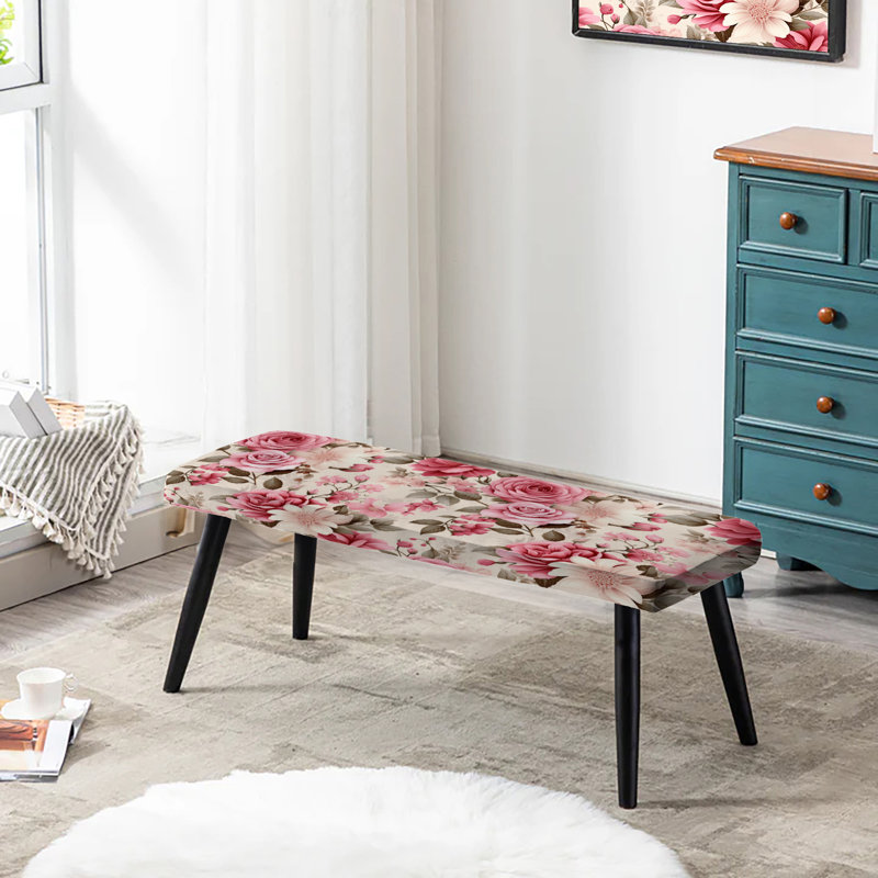 Floral Upholstered Black Bench, Timeless Pink Roses Garden Serenity