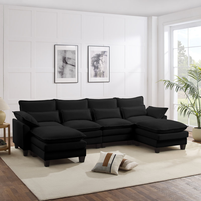 6-piece U-shaped upholstered sectional sofa, Black