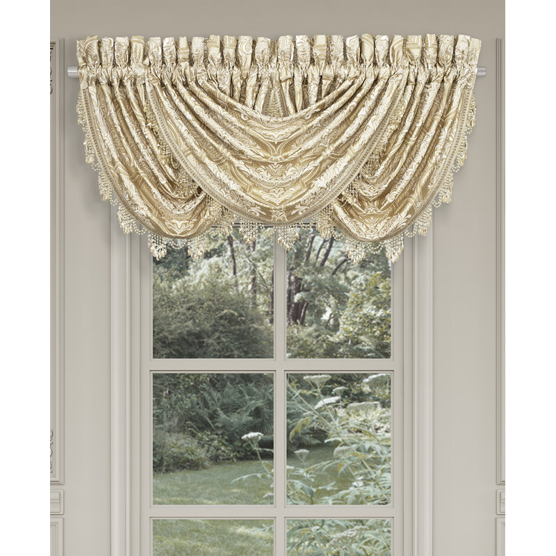 Champagne Jacquard Damask Waterfall Valance with Crystal Tassel Fringe