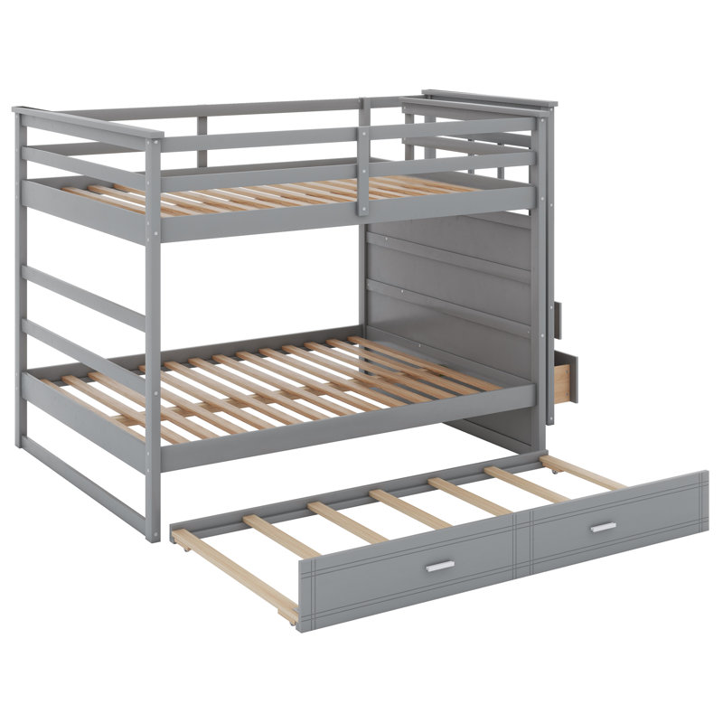 Bunk Bed with Trundle and Staircase, Gray