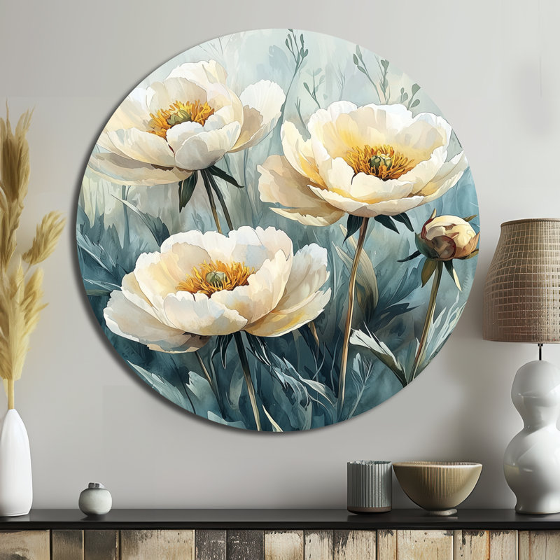 Décoration murale ronde en métal Kellor - pivoines, H 16 po x l 16 po