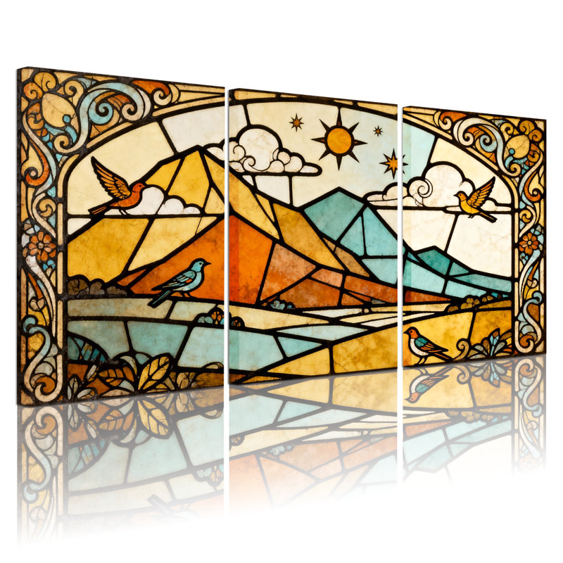 Ensemble de 3 reproductions d'art sur toile avec vitrail paysage avec oiseaux et montagnes, H 18 po x l 36 po