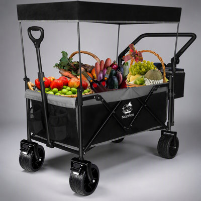 Chariot pliable d'une capacité de 140 L, avec auvent amovible et roues hors route pour une utilisation polyvalente à l'extérieur