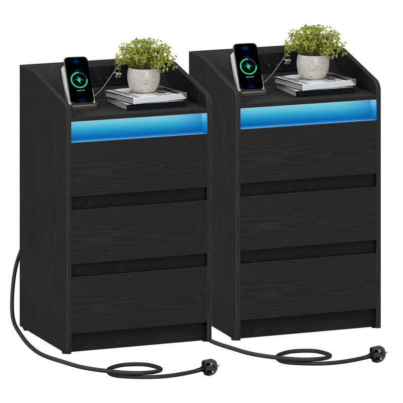 Bedside Tables Set of 2 with 3 Drawers, Bedside Cabinet, Side Table with Charging Station and LED, 2 AC and 2 USB Ports, Nightstand for Bedroom, Living Room, End table 