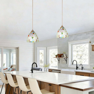 2pcs Colorful Grid Glass Single Pendant Light With Tri-color Light Bulbs,ajustable Cord