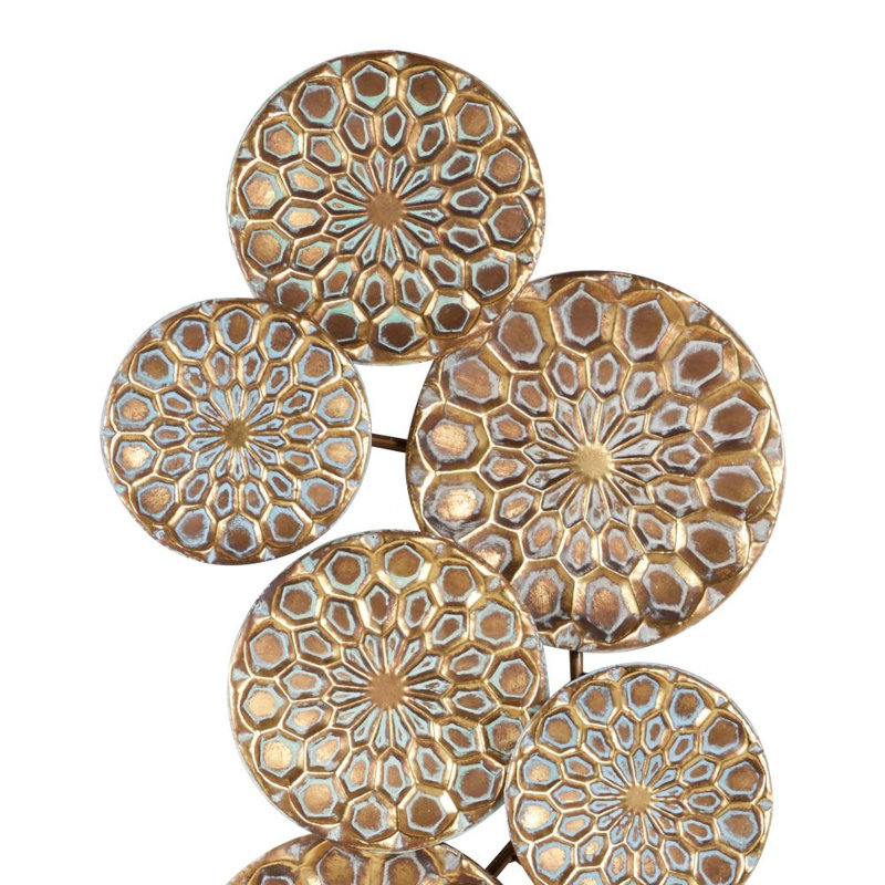 Metal Embossed Floral Plate Gold Wall Decor with Teal Accents