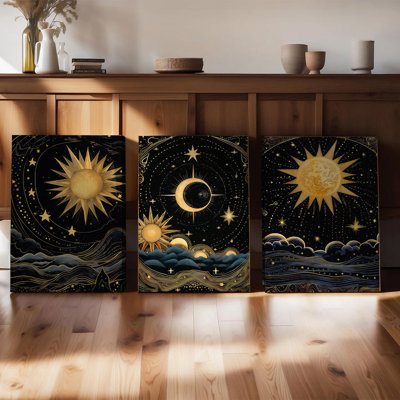 Ensemble de 3 affiches encadrées, art mural céleste en 3 pièces : soleil, lune et étoiles, impressions sur toile, style bohème gothique, décoration intérieure pour salon et chambre, esthétique moderne, ensemble de peintures abstraites noires et dorées.