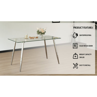Table de salle à manger en verre, table rectangulaire moderne avec plateau en verre trempé et pieds en métal argenté, table de cuisine simpliste, table polyvalente pour le bureau à domicile (0 dégât)