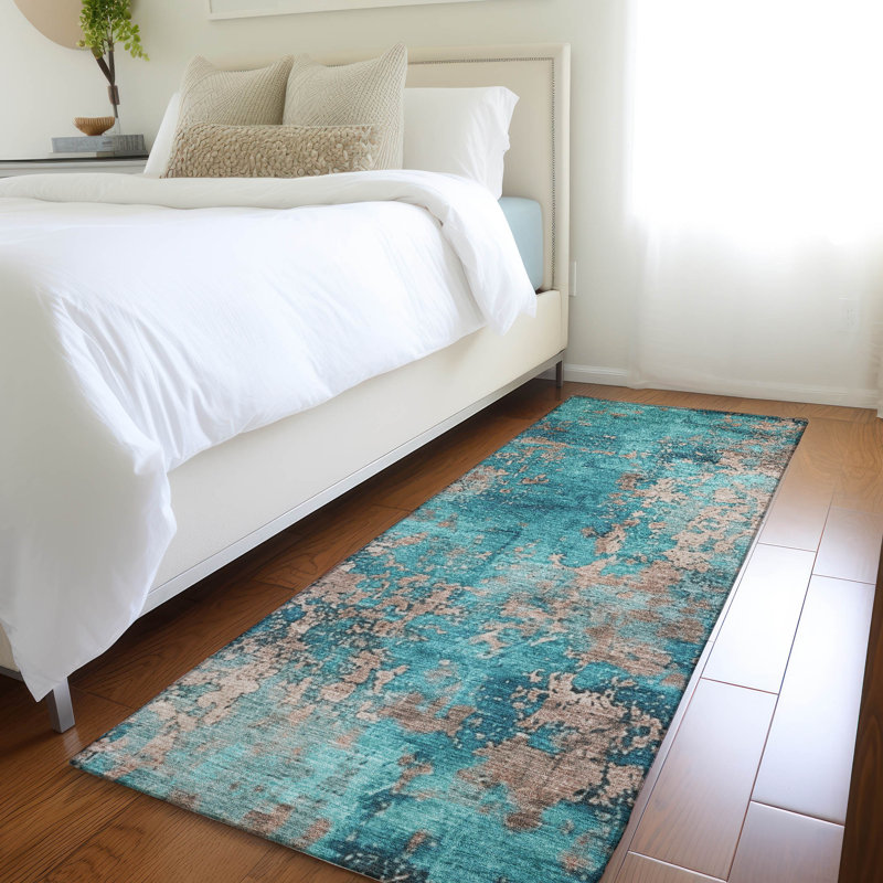 Tapis bleu sarcelle lavable à la machine intérieur / extérieur Xhevrie, Tapis de couloir 2 pi 3 po x 7 pi 6 po