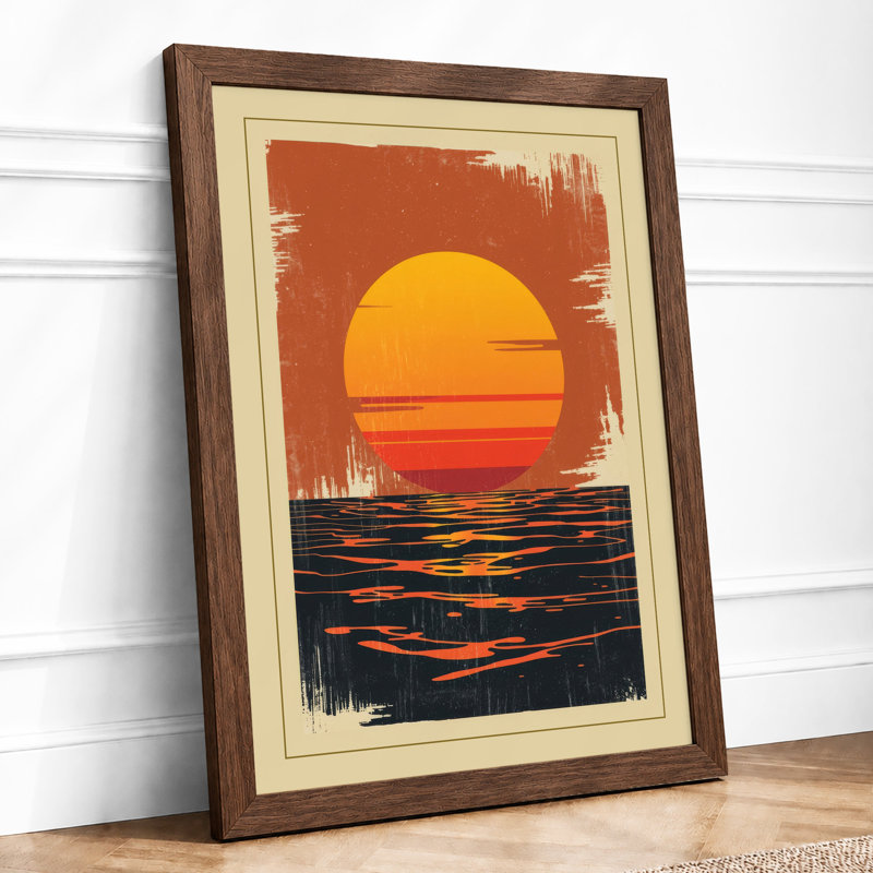 Sunrise Over Water Japandi - Framed Print, A4 - 29.7 x 21.0 cm, Walnut