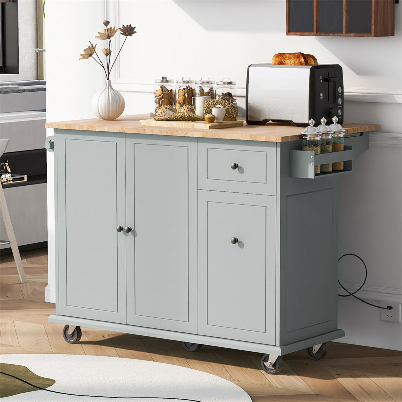 Kitchen Island with Drop Leaf, 53.9" Width Rolling Kitchen Cart on Wheels with Internal Storage Rack and 3 Tier Pull Out Cabinet Organizer, Kitchen Storage Cart with Spice Rack, Towel Rack