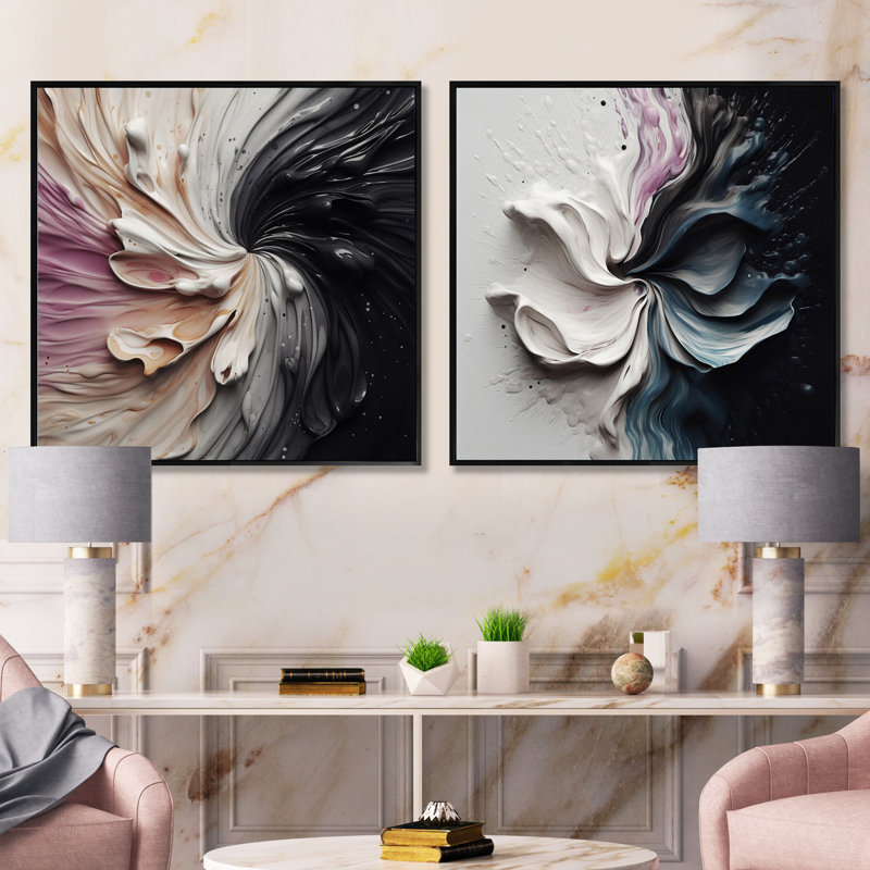 Delicate Brushstrokes, peinture abstraite - ensemble de 2 collages carrés abstraits, Cadre flottant noir, H 16 po x l 33 po