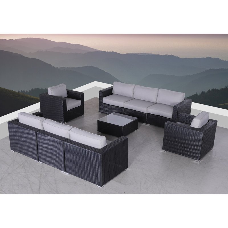 Ensemble de conversation pour 8 personnes avec coussins Demarest Wicker, Noir