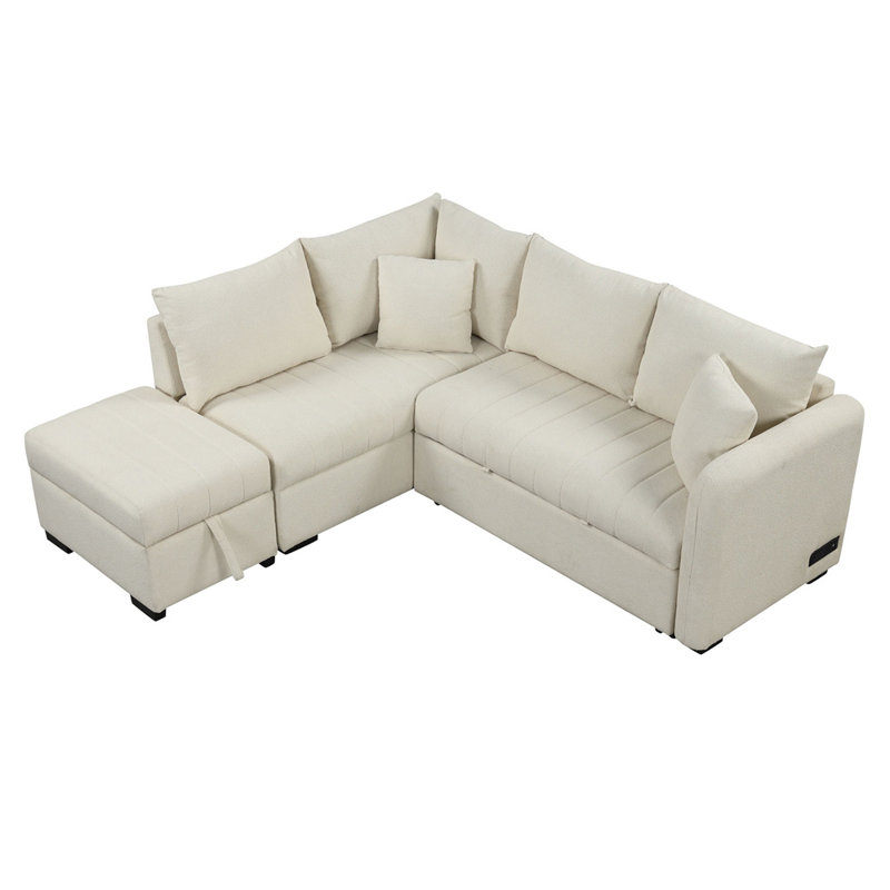 Upholstered L-Shaped Sectional Reversible, Beige Polyester Blend