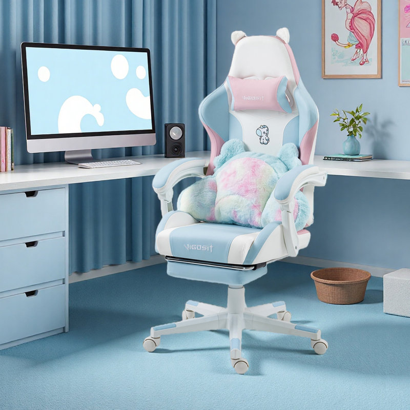 Mignon fauteuil de jeu pour chat avec coussin lombaire Paw, fauteuil de jeu vidéo PC pour fille adolescent
