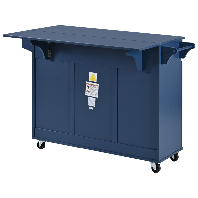 Îlot de cuisine de 53,2 po avec abattant, chariot de rangement de cuisine avec support à épices, porte-serviettes et 2 tiroirs, îlot de cuisine sur roulettes avec tablettes réglables pour la cuisine, la salle à manger, bleu marine