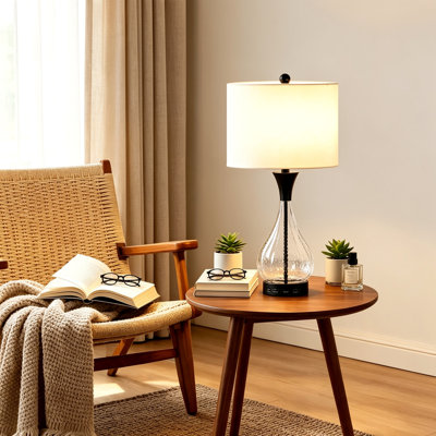 Lampe de table de style ferme de 66 cm (26 po) en verre noir et métal, intensité variable à 3 niveaux, ports de chargement USB A et Type-C, lampe de chevet pour salon ou chambre à coucher.