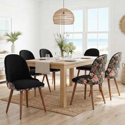 Mid-Century Upholstered Dining Chair with Tropical Floral and Parrot Printed Accent