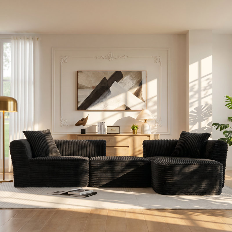 Aijia 114" W x 60" D x 27" H Corduroy Modular Sectional Sofa, Black Corduroy, Reversible, Does Not Apply, Foam, Polyester