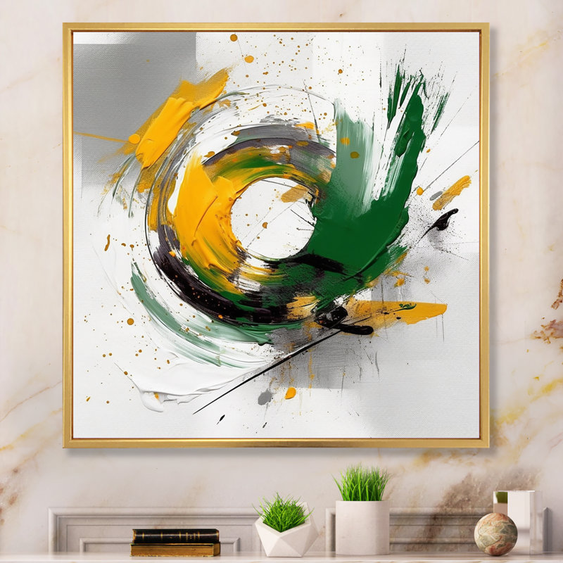 «Yellow and Green Abstracted Perspectives III», reproduction sur toile, Cadre flottant doré, H 30 po x l 30 po x P 1 po