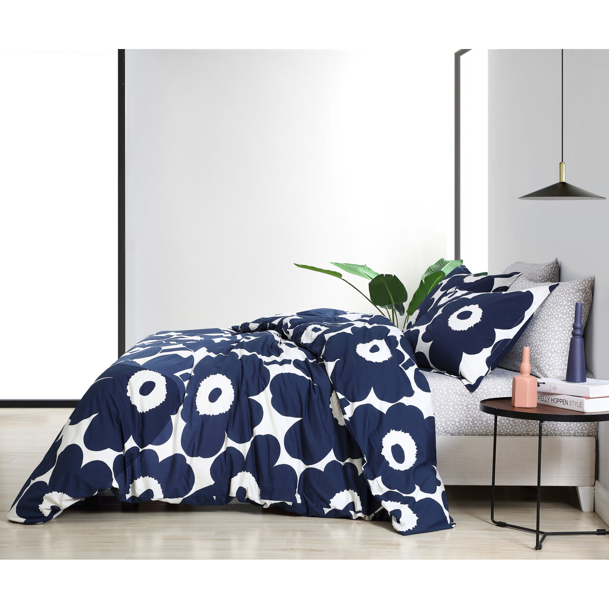 Marimekko Unikko Cotton Comforter Set, Queen Comforter + 2 Standard Shams, Indigo Blue/White