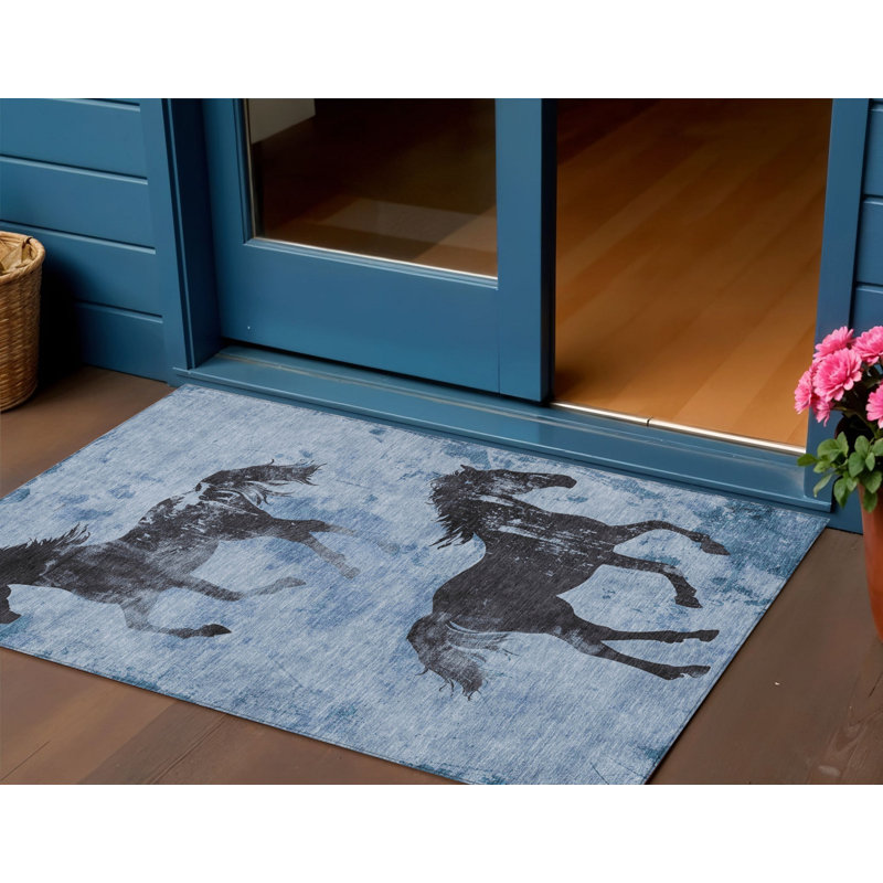 Tapis d'intérieur et d'extérieur lavable bleu cheval et gris anthracite 3 pi x 5 pi