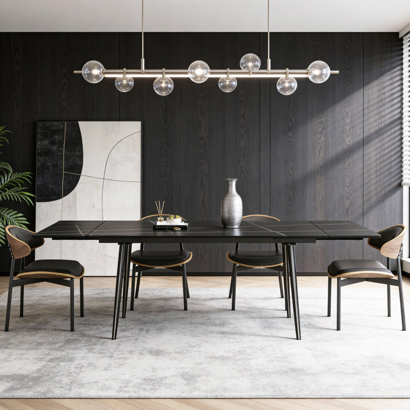 Extendable Dining Table 62.9"-94.4" Seats 6-10 Sintered Stone Black Modern Easy Assembly Indoor Outdoor, Black