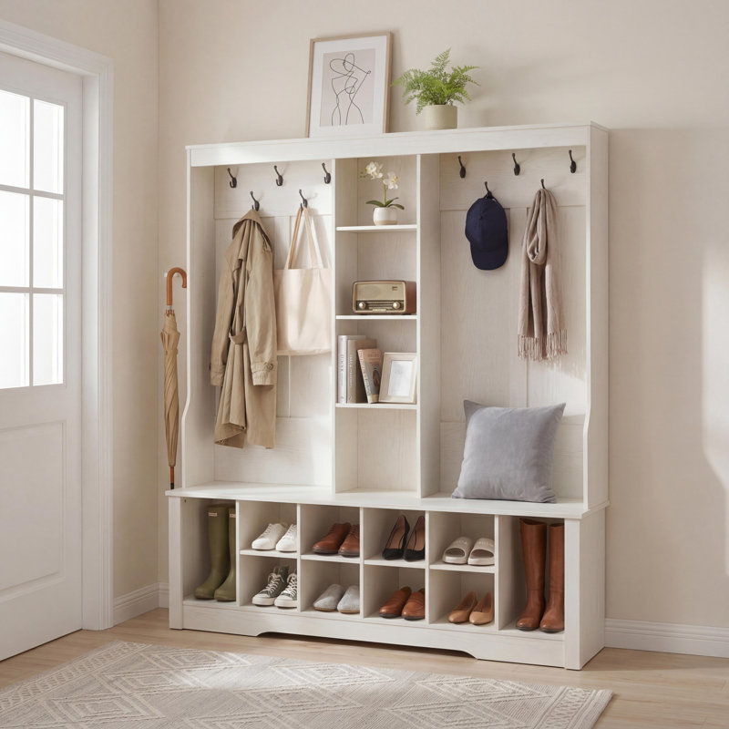 Portemanteau 59 po avec rangement pour chaussures, porte-manteau en bois et banc d'entrée