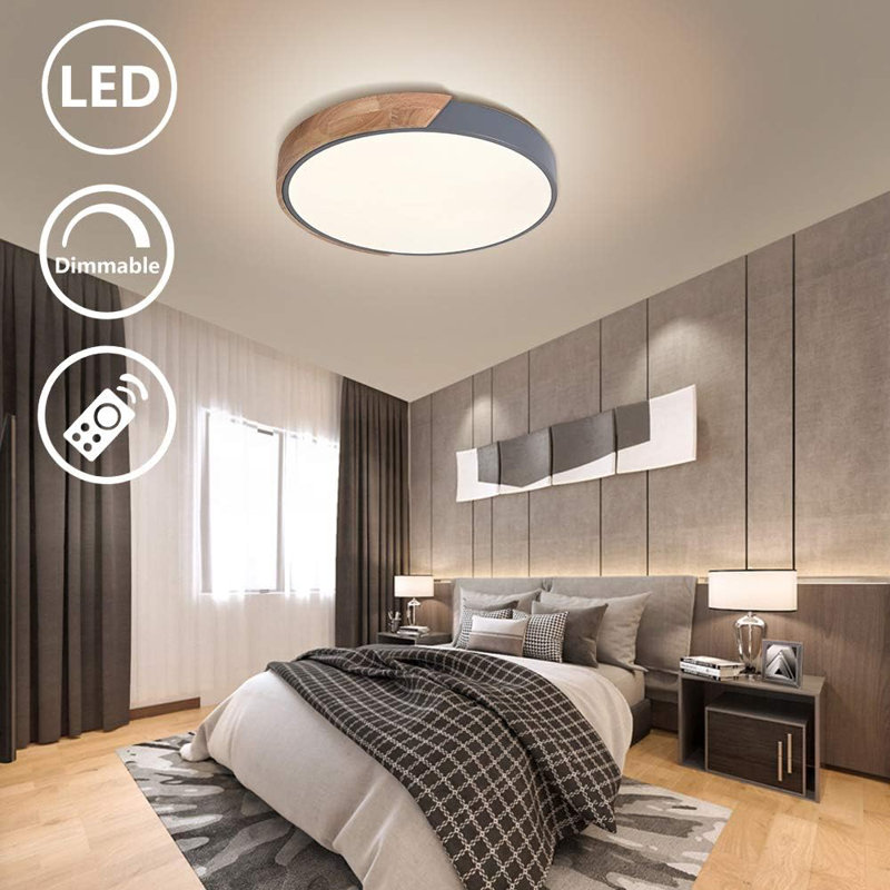 Ceiling Light Dimmable Modern Minimalist LED Round Shaped Metal Flush Mount Ceiling Light With Remote Control, Grey