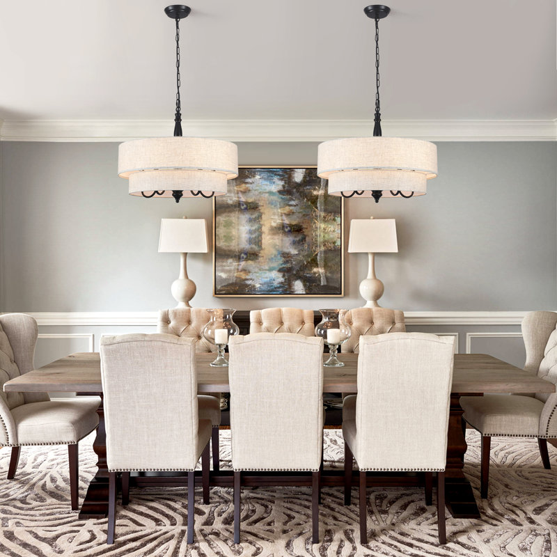 5 Light 21.26" Two Tiered Drum Chandelier With Fabric Shade For Dining Room Bedroom Kitchen Island Living Room Hallway