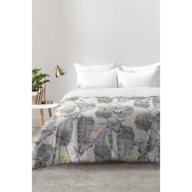 Ensemble d'édredon crâne boho et plumes, Édredon pour lit simple TG + 1 taie décorative