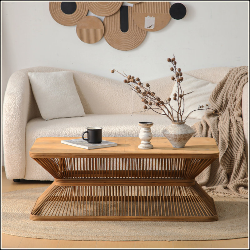 Table basse de style Mid-Century moderne, table d'appoint rectangulaire en bois 43,3 po avec base en bambou tissé - Table basse rustique Boho