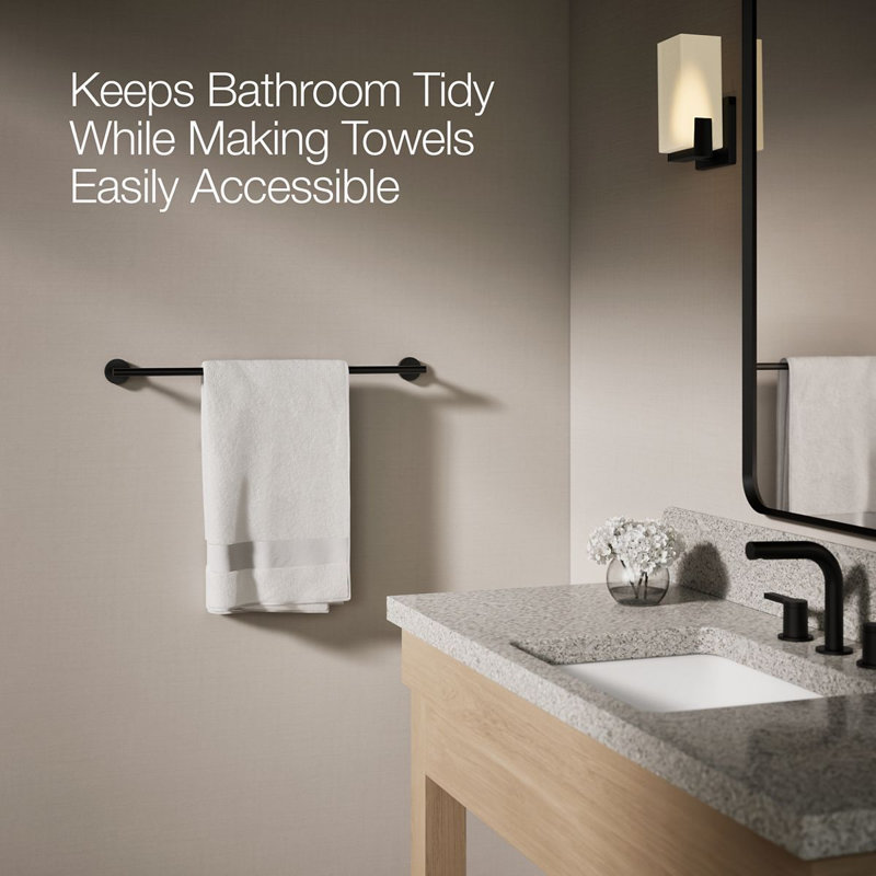 Elate Wall Mounted Round Towel Bar, Metal Wall-Mounted Towel Holder, 2" H x 24" L x 2.75" D, Matte Black