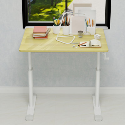 Bureau d'étude réglable adapté aux enfants et aux adultes, bureau à domicile multifonctionnel réglable en hauteur, conception compacte, dimensions du bureau: 60 cm x 80 cm, cadre blanc avec tablette en bois naturel