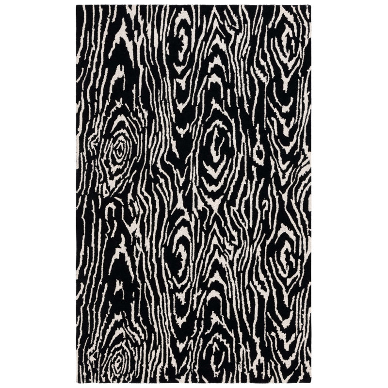 Jamell Ebony Hand Tufted Wool/Cotton Abstract Rug in Ivory/Black, Rectangle 6' x 9'