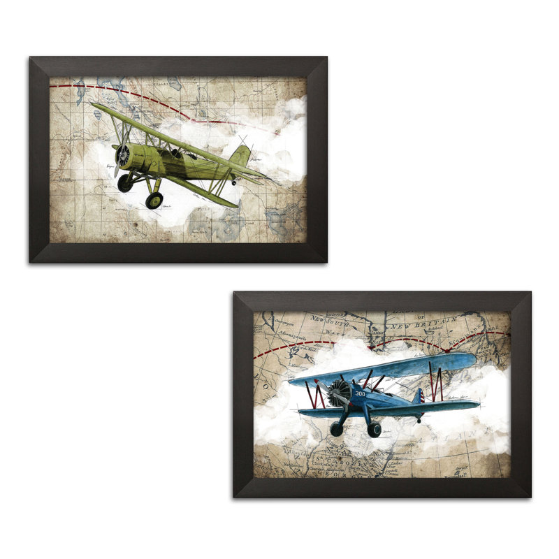 " Biplane 1 And 2 " by GraphINC Studio 2 - Pieces, Black Framed Paper, 12" H x 18" W x 0.75" D