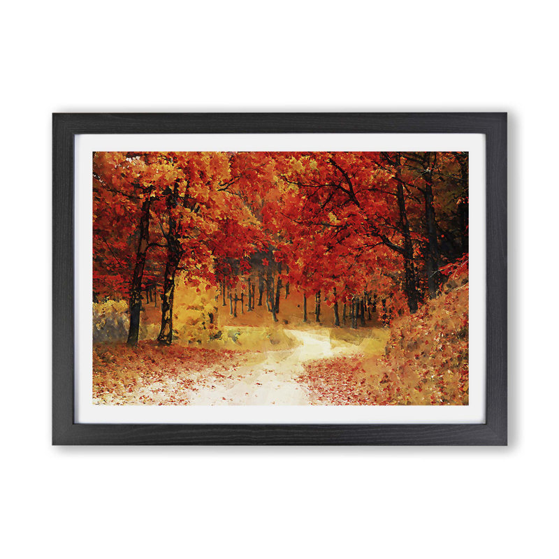 Path Through The Forest At Autumn - Single Picture Frame Painting, 45cm H x 63cm W x 2cm D, Black