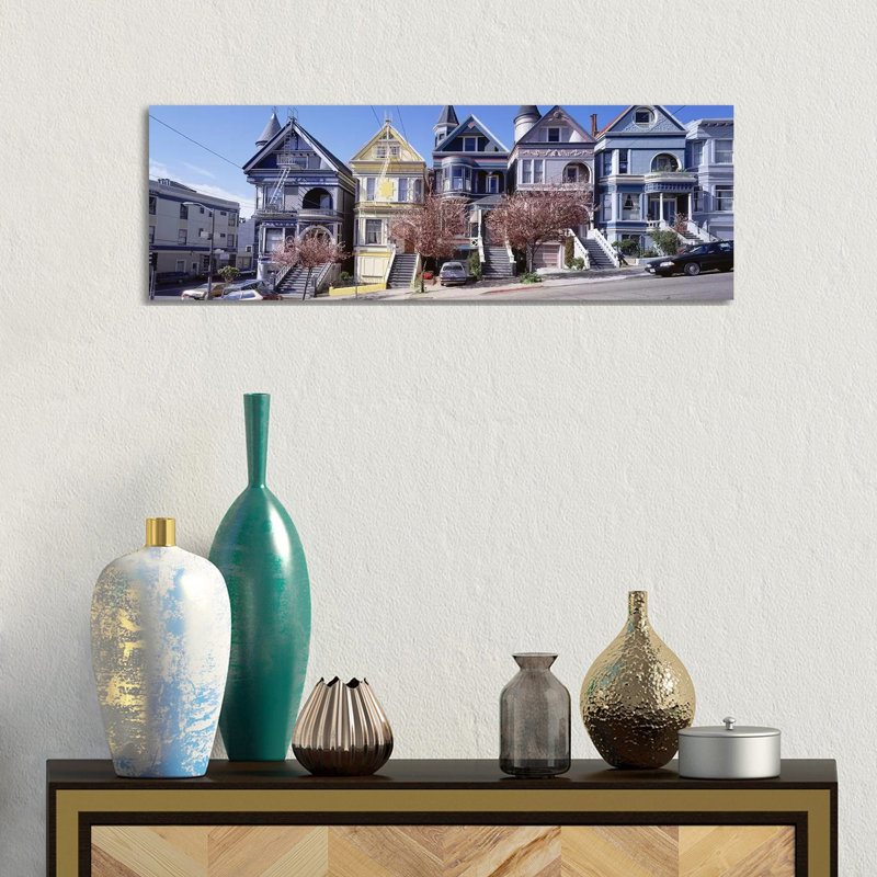 Cars Parked in Front of Victorian Houses, San Francisco, California, USA 1 Piece Wrapped Canvas Panoramic Wall Art