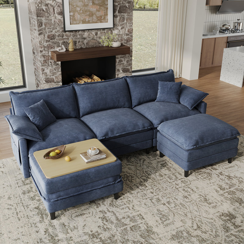 108'' Comfy  U Shaped Sectional Modular Deep 5-Piece Cloud Sofa with Ottomans- Premium Fabric, Blue Corduroy