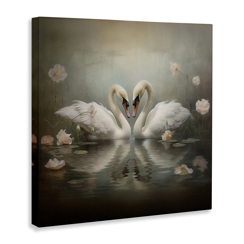 Cygnes romantiques sur toile d'étang à fleurs, design par Arlington Prints, H 24 po x l 24 po