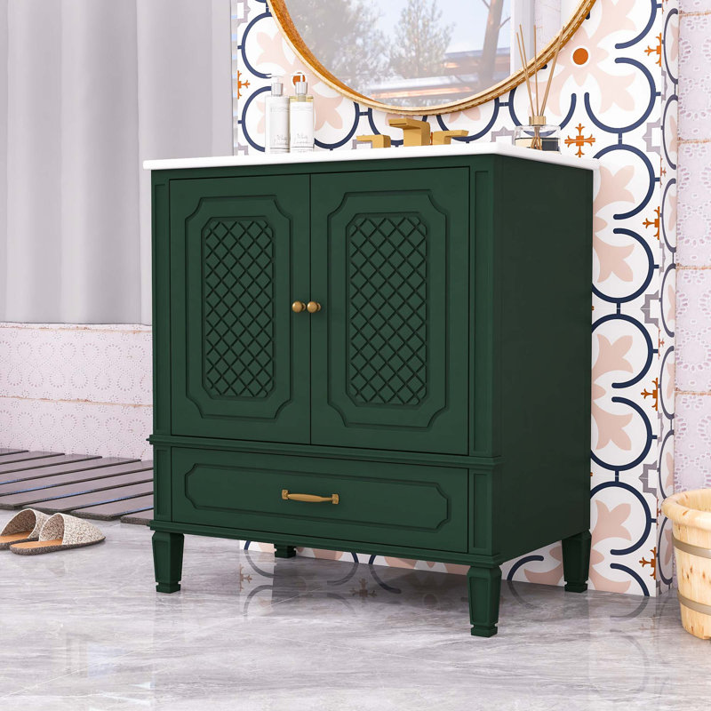 Meuble-lavabo de salle de bain avec lavabo, porte à fermeture douce, tablette réglable et tiroir, Vert foncé