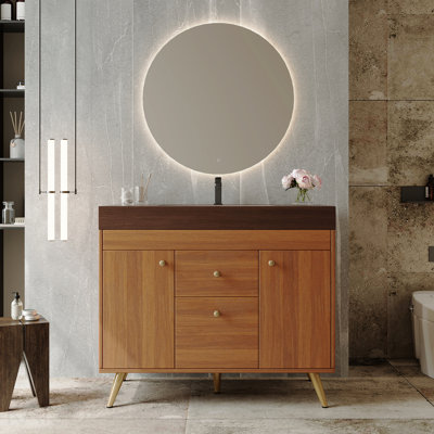 Meuble-lavabo autoportant moderne de 36 po avec plateau en pierre frittée, lavabo en céramique et rangement intelligent