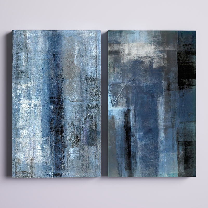 Art mural abstrait bleu gris, ensemble de 2 toiles - Le bleu rencontre l'art abstrait gris, H 20 po x l 24 po, Toile tendue