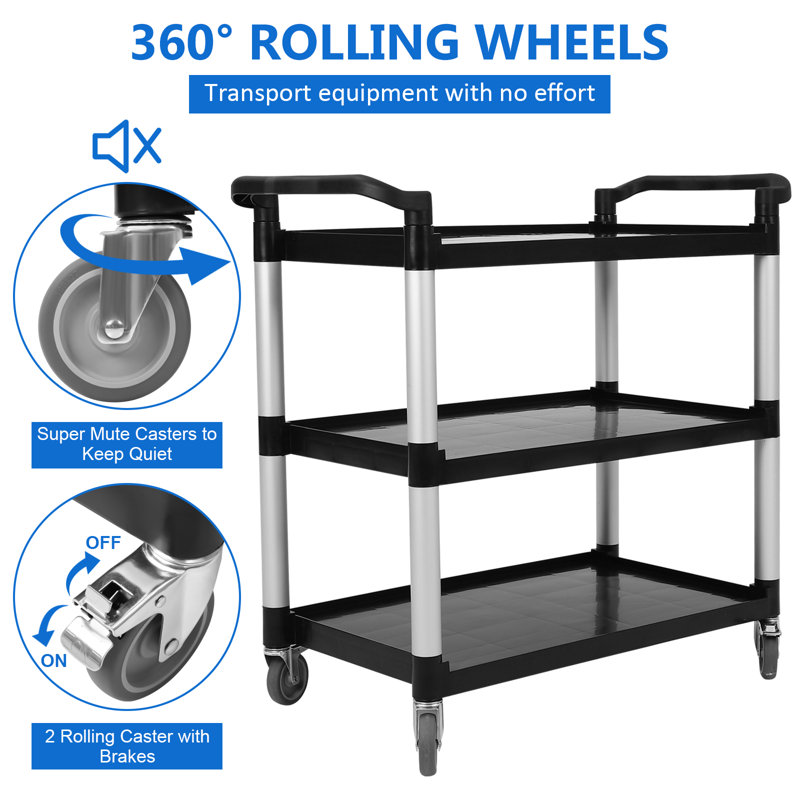 Heavy Duty Black and Silver 3-Tier Rolling Utility Cart