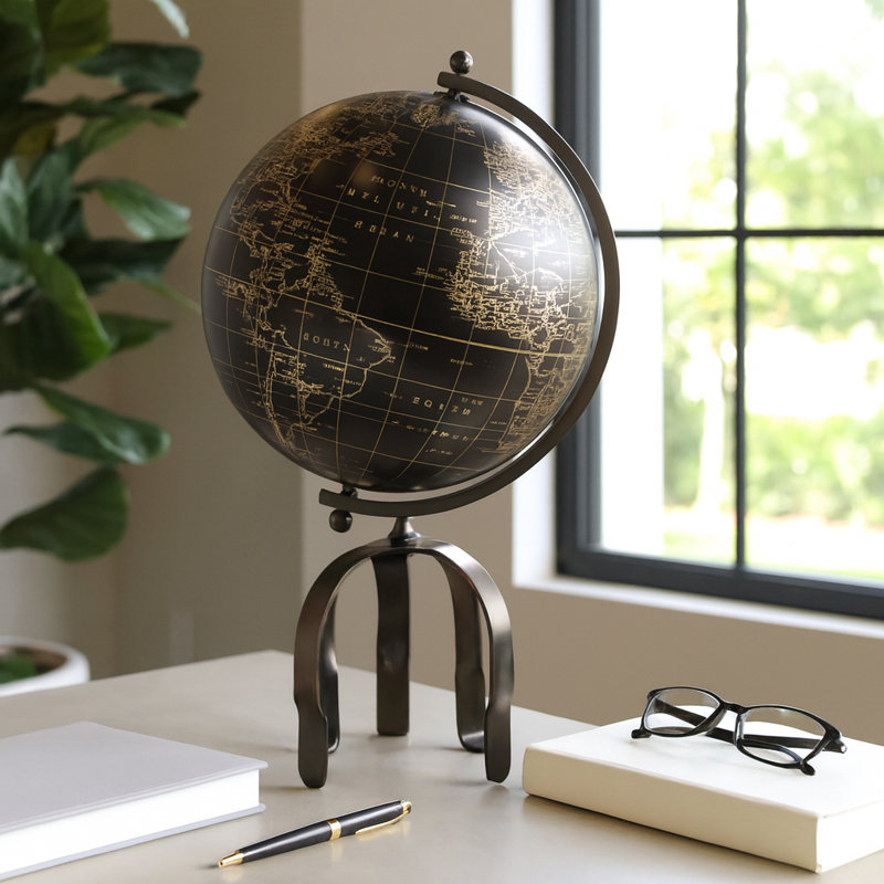 Koregan Globe Decorative Object for Home Decor – Modern Sculpture with Unique Metal Stand – Figurine for Shelf Styling, Coffee Table Decor, or Decorations for Living Room and Kitchen Decor, Black/Gold
