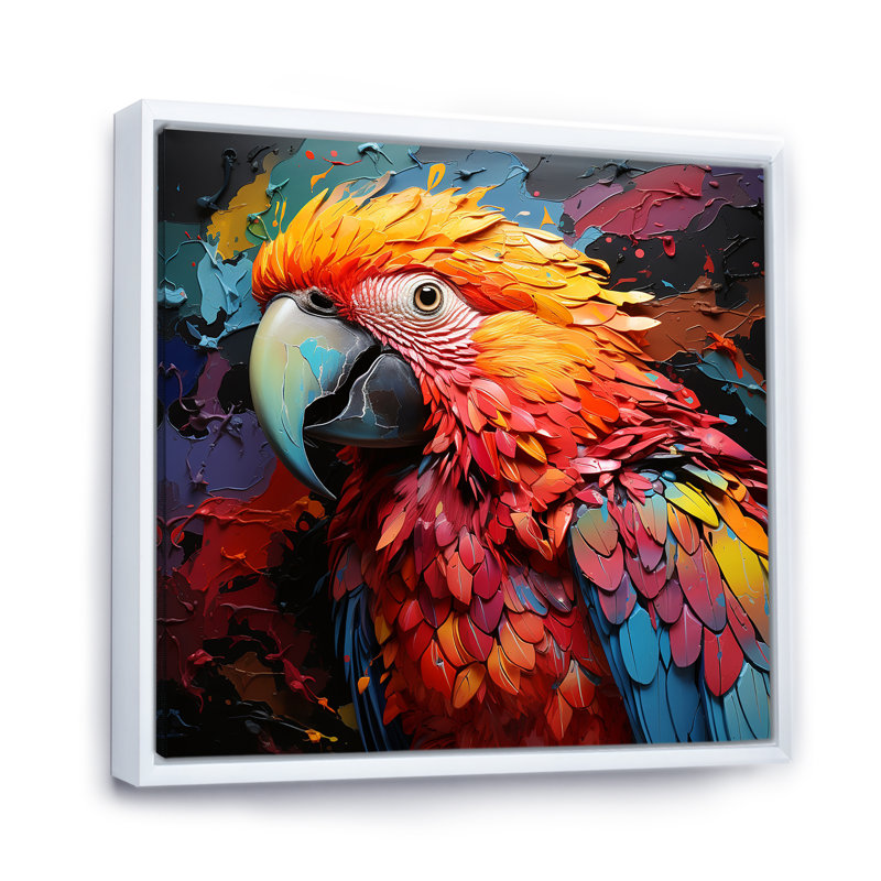«Parrots Colorful Encounters I», reproduction sur toile, Cadre flottant blanc, H 36 po x l 36 po x P 1,5 po