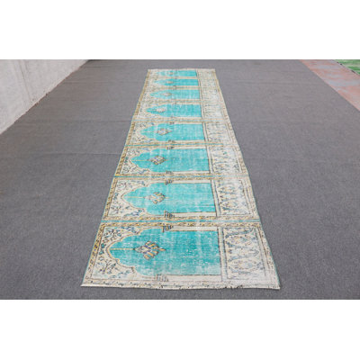 Handcrafted Turkish Runner Carpet in Blue and Beige Adds Bohemian Style to Your Corridor Decor
