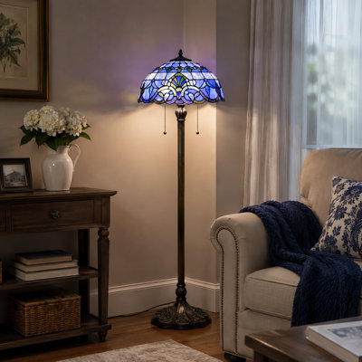 64" Tiffany Floor Lamp, Blue Purple Baroque Style Lampshade & Vintage Metal Pole, Adjustable 3 Color Temperature, Corner Standing Reading Light for Bedroom Living Room Office Décor